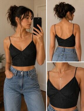 Black Spaghetti Strap Cropped Tank Top Festival Coachella Rave Party 90s XXL